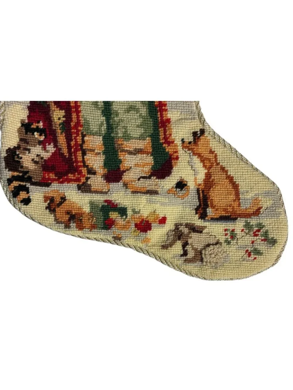 2 VTG 1980s Needlepoint Crewel Christmas Stockings Santa Claus Animals Grandpa
